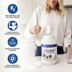 Vitauthority Whey Protein Women Chocolate scoop pouring into shake for post-workout recovery.