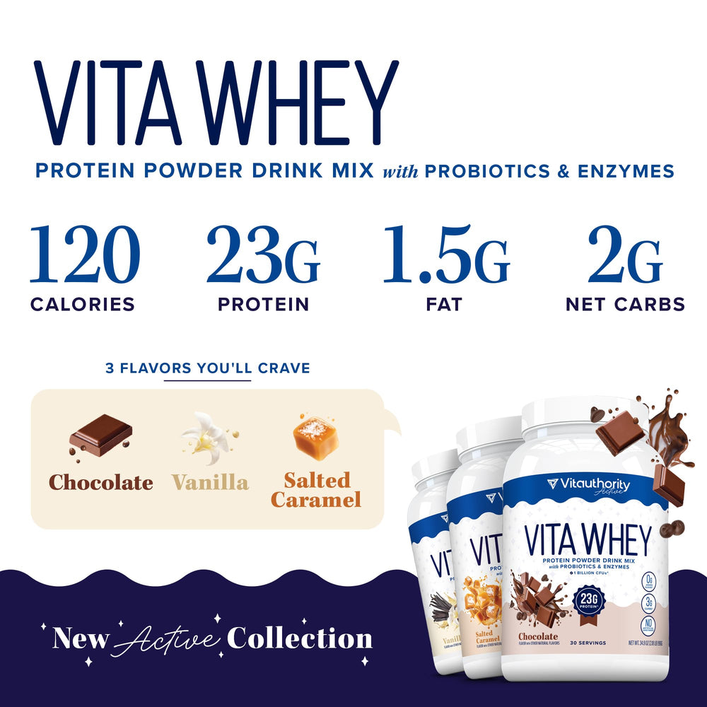 Vitauthority Whey Protein Women salted caramel flavor emphasizes delicious, low-chalk protein.