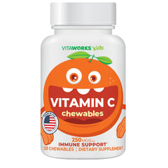 Front view of VitaWorks Kids Vitamin C Chewables bottle in orange flavor