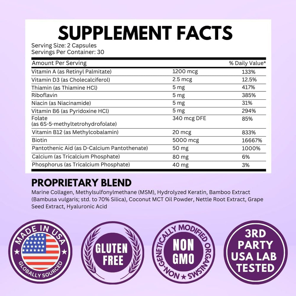 Nutrition facts showing Biotin 25000 mcg and B-complex