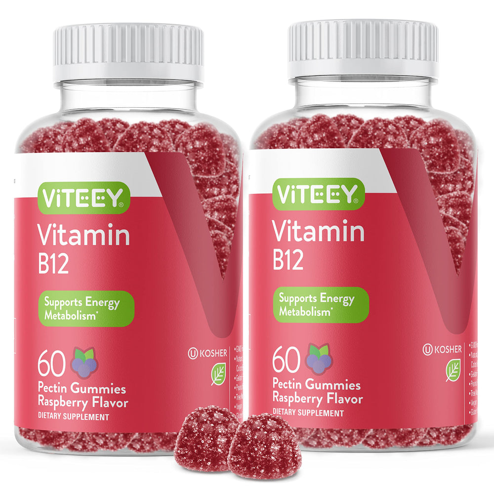 Front pack shot of VITEEY Vitamin B12 Gummies Raspberry flavor, 60-count