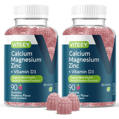 Front view of Viteey Raspberry Calcium Magnesium Zinc Gummies with Vitamin D3 bottle