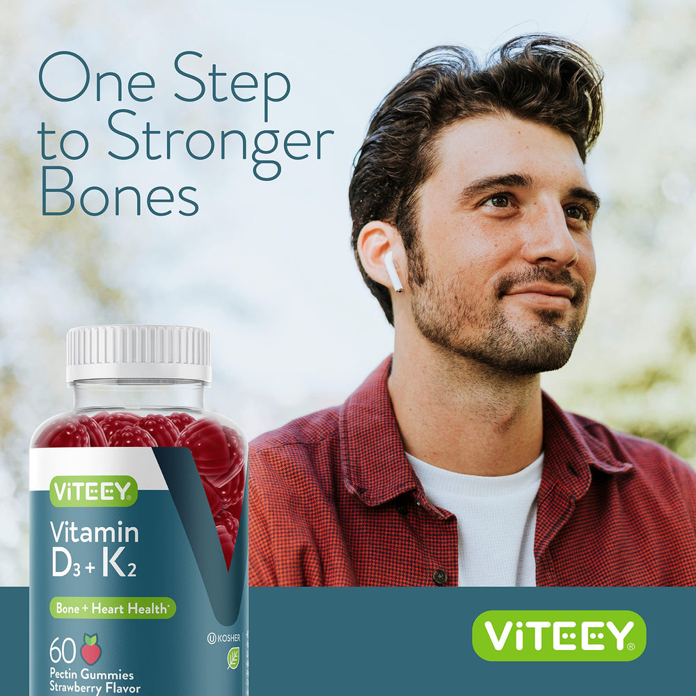 VITEEY D3 K2 gummies packaging showing vegetarian and gelatin-free status