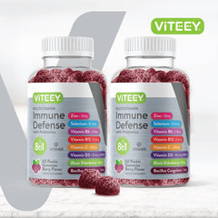 Close-up of berry flavored chewable gummies for immune support