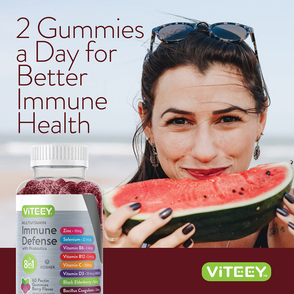 Viteey immunity gummies packaging showing vegetarian and kosher icons