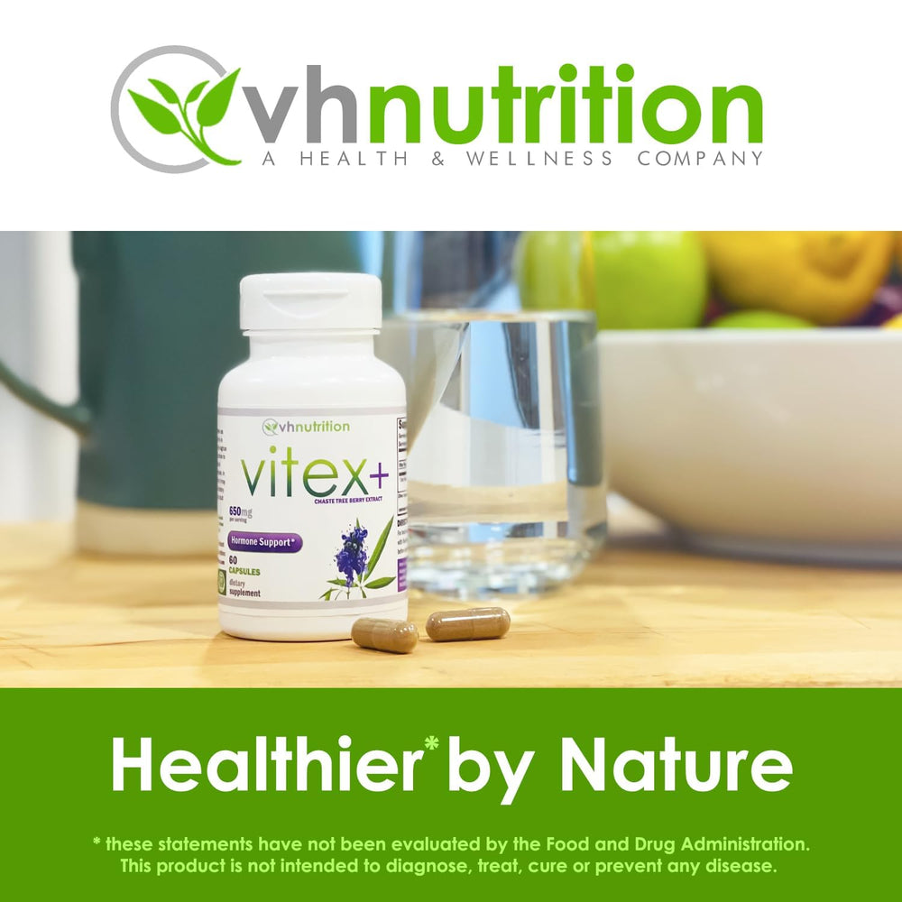 VH Nutrition VITEX+ bottle with a glass of water