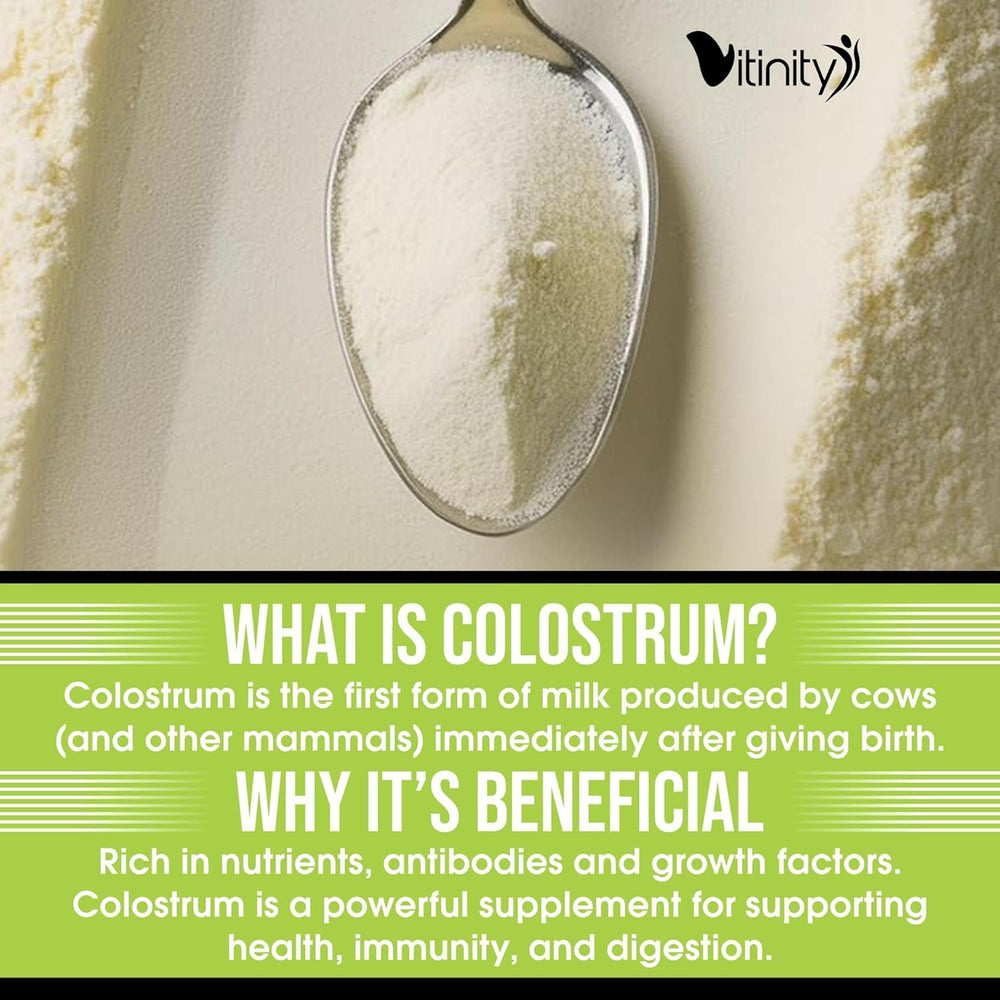All-natural grass-fed bovine colostrum powder container on table