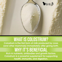 All-natural grass-fed bovine colostrum powder container on table
