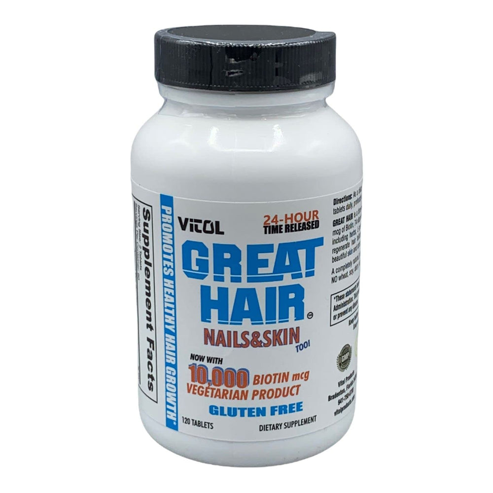 Vitol Great Hair time-release Biotin bottle label showing 10,000 mcg Biotin