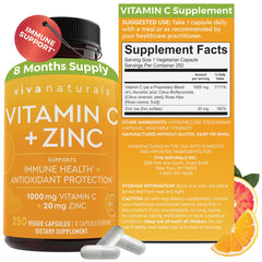 Front view of Viva Naturals Vitamin C & Zinc bottle