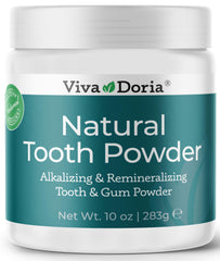 Viva Doria Natural Tooth Powder in a reclosable 10 oz plastic jar