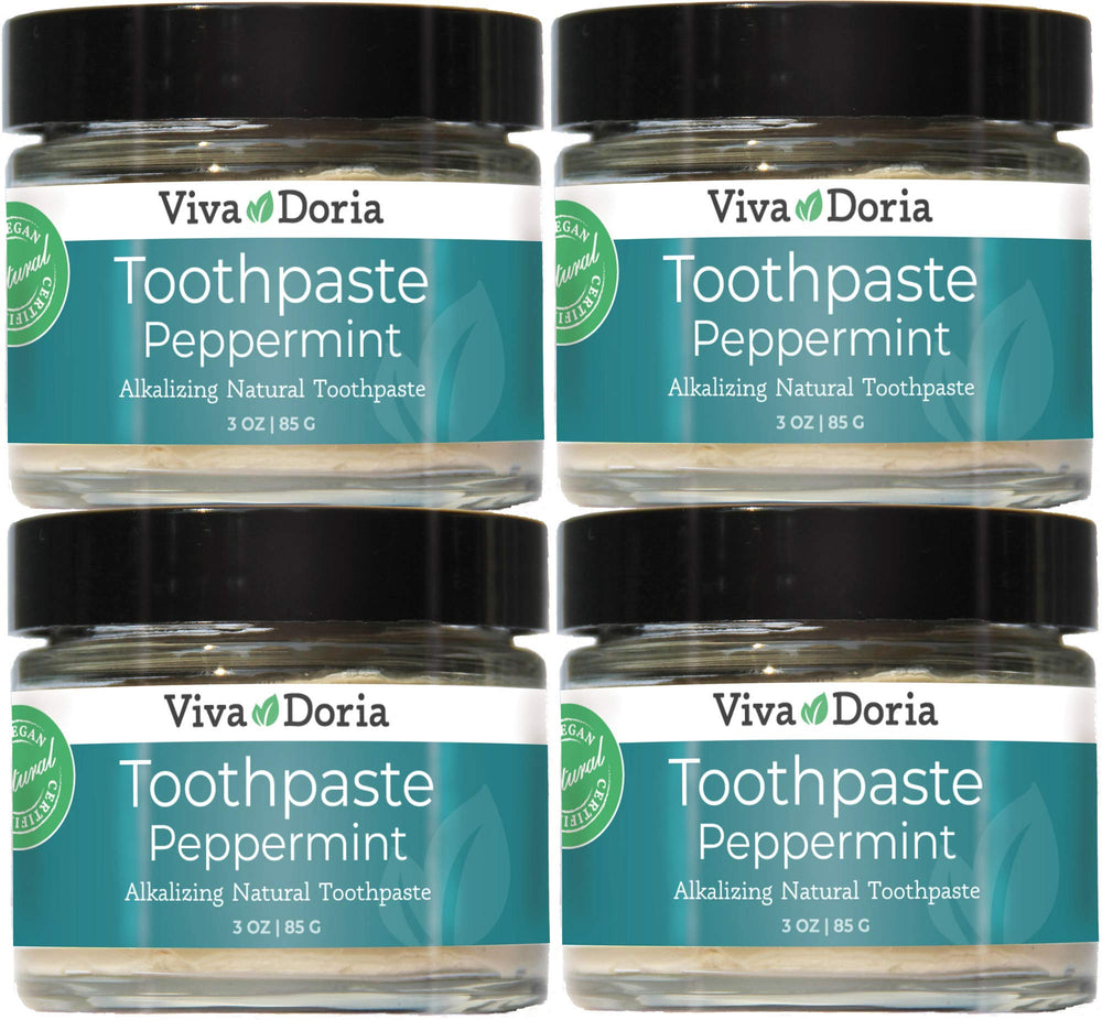 Pack of 4 Viva Doria Fluoride-Free Peppermint Toothpaste in 3 oz glass jars
