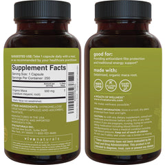 Viva Naturals daily-use maca capsules image suggests sustained energy and stamina