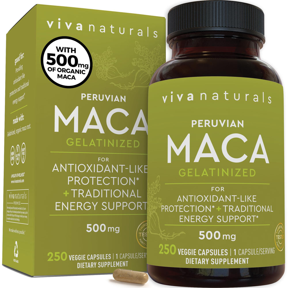 Viva Naturals maca capsules bottle supports easy daily energy