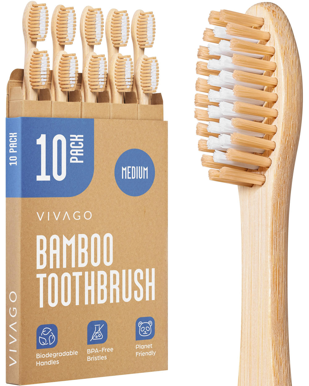 Front view of VIVAGO Bamboo Toothbrushes 10-pack