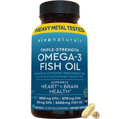 Viva Naturals triple-strength omega3 bottle closeup highlighting high-potency daily support.