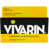 Vivarin bottle with 200mg caffeine pills; package shows 16 tablets
