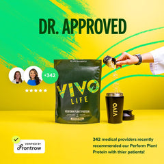 Bottle and scoop with serving suggestions for Vivo Life Perform Plant Protein Powder vanilla