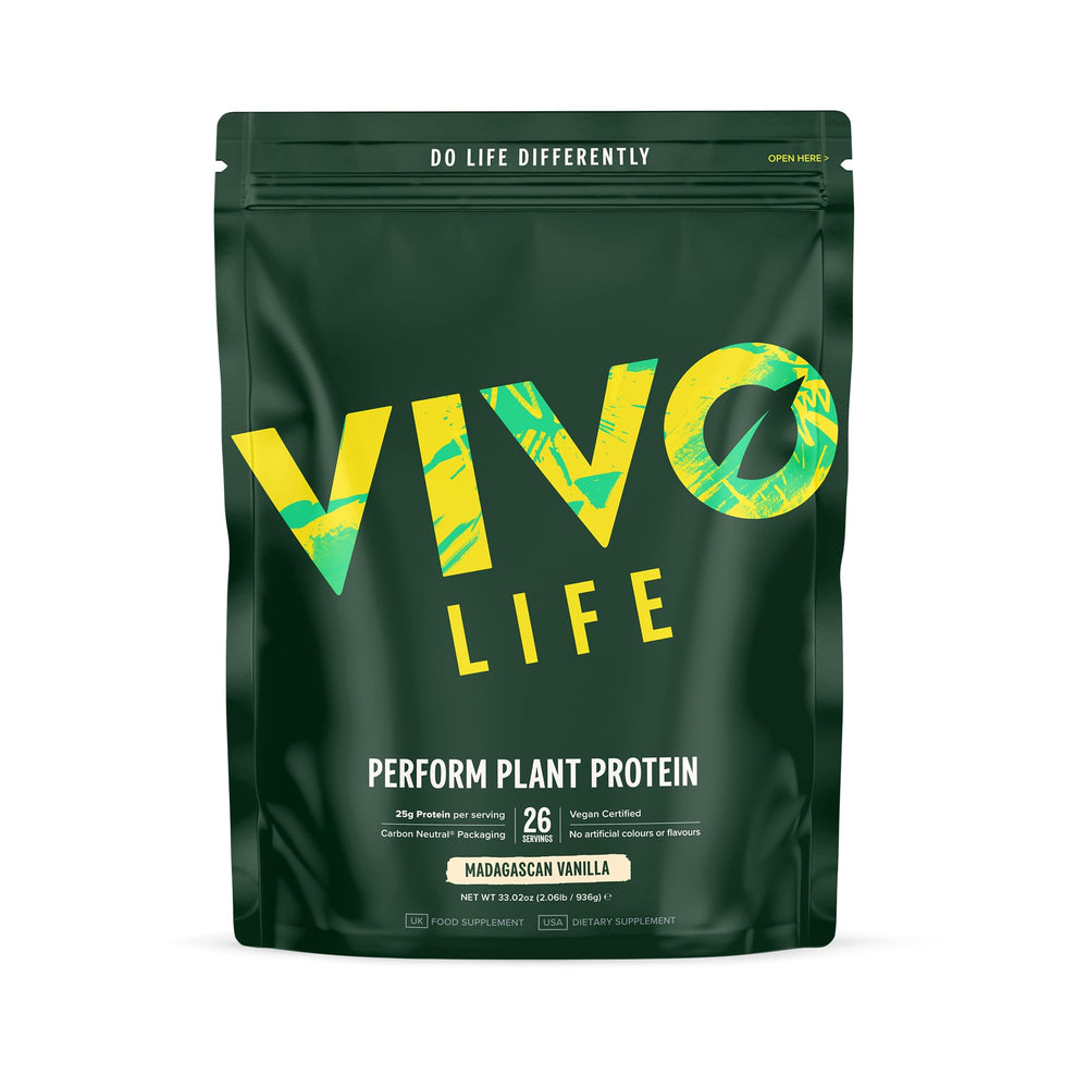 Vivo Life Perform vanilla tub front shows plant-based protein for workouts.