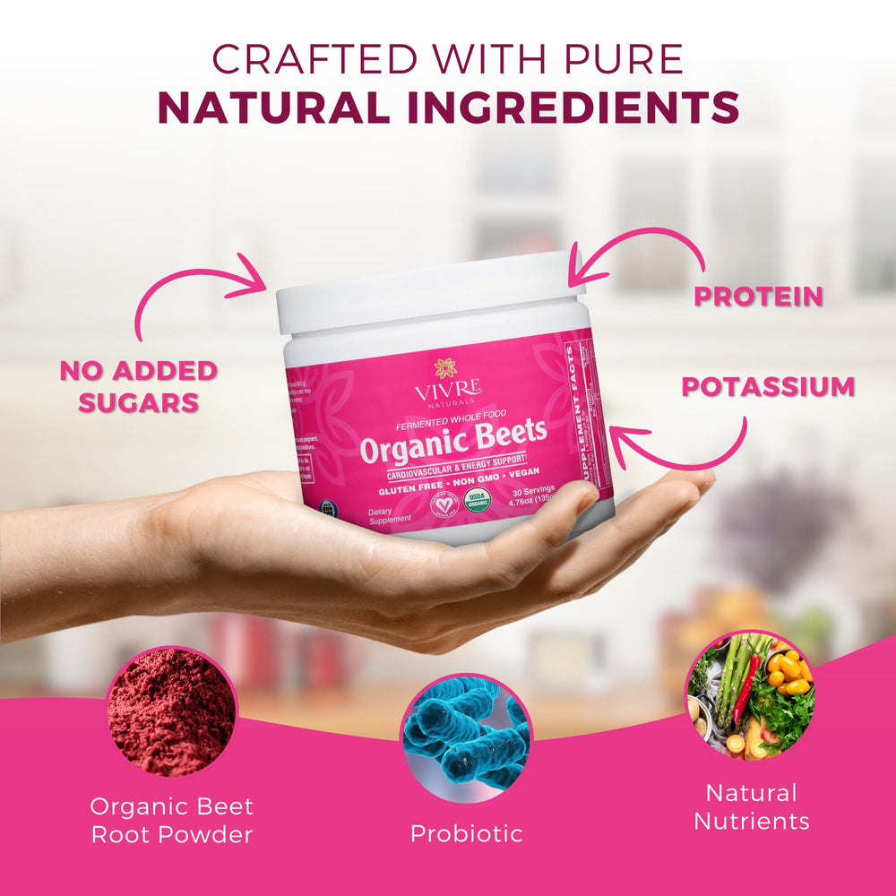 Vivre Naturals organic beet powder packaging emphasizes clean, gluten-free and vegan credentials