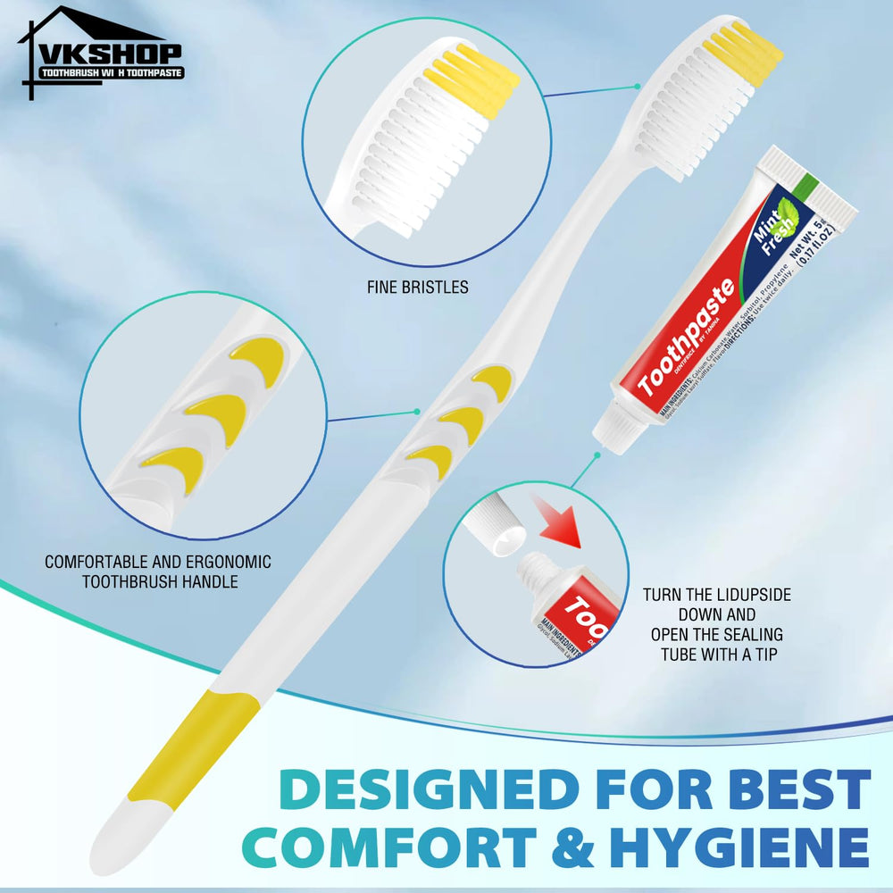 Front view of VKshop 120-pack disposable toothbrushes with toothpaste
