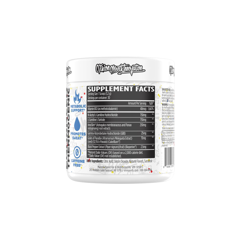 VMI Sports Heat L-Carnitine powder scoop shows easy pre-workout mix and flavor.