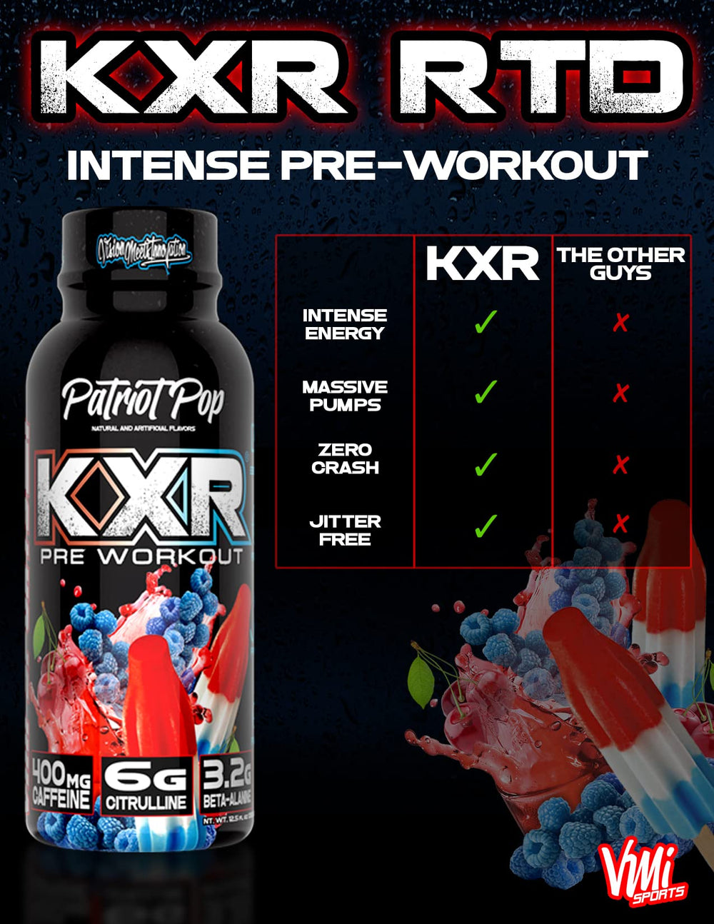 VMI Sports KXR Patriot Pop flavor label with energy-boosting graphic.