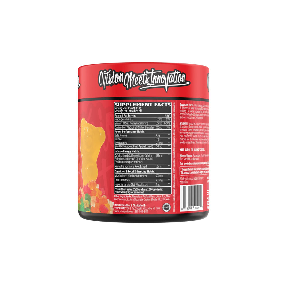 VMI Sports KXR nutrition-label close-up notes caffeine and beta-alanine details.