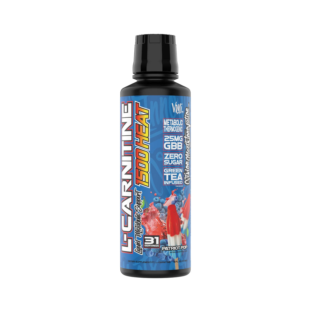 VMI Sports L-Carnitine 1500 Heat bottle with Patriot Pop flavor for sustained energy support.