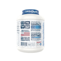 Back label on ProtoLyte tub shows non-GMO formula and digestive enzymes.