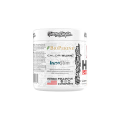 VMI Sports Heat L-Carnitine powder bottle close-up shows CaloriBurn and BioPerine benefits.