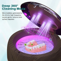 infographic-style image showing four cleaning modes: Ultrasonic + UV, Pulse + UV, Ultrasonic only, UV only