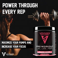 Open bottle of Voyager Pre-Workout Planet Punch with branding