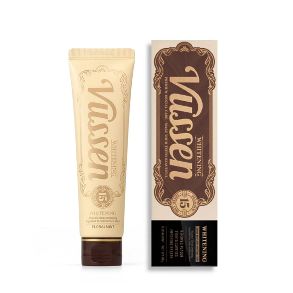 Close-up of Vussen 15 Floral Mint toothpaste tube on a white background