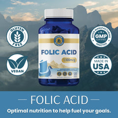 Close-up of supplement label showing folate and folic acid content