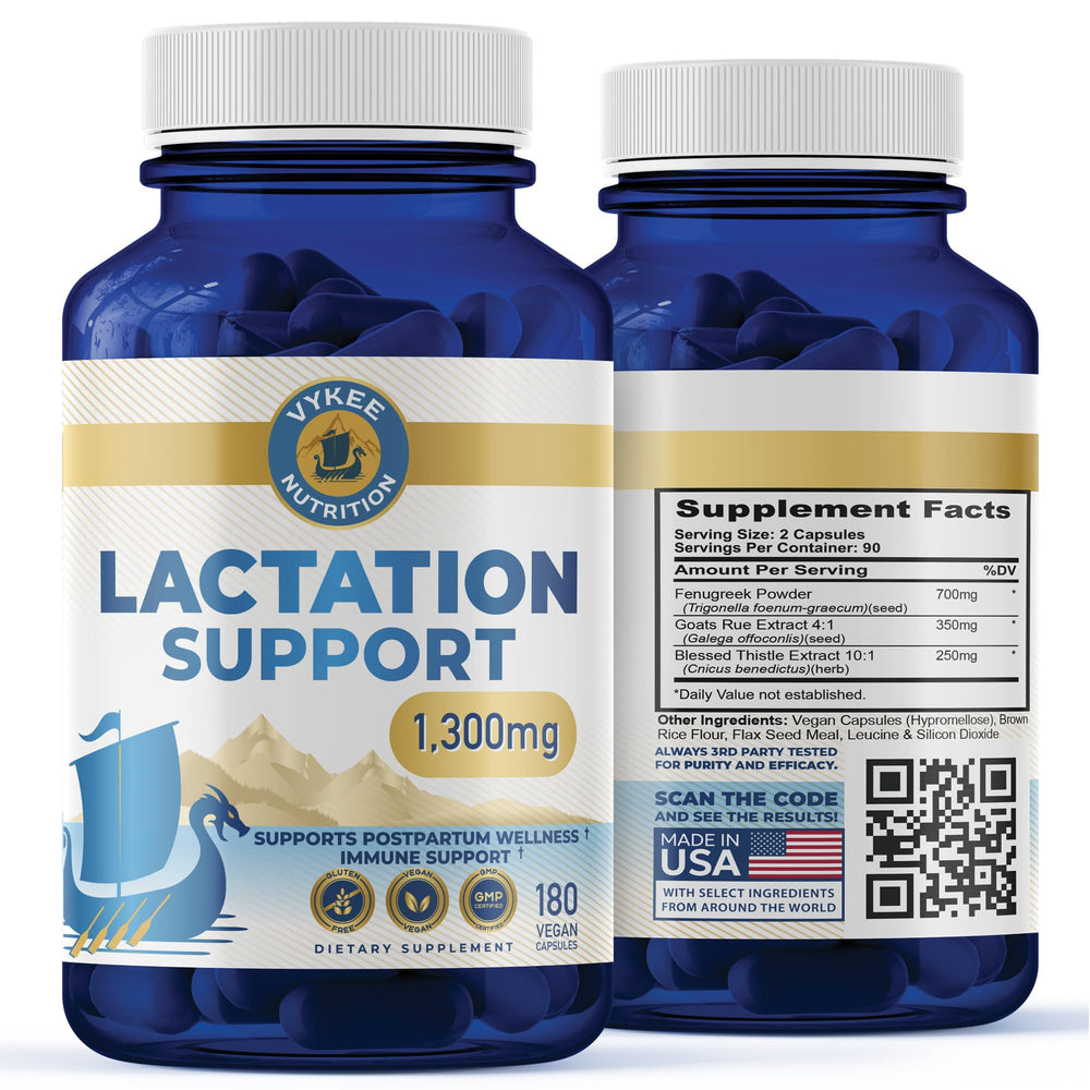 Vykee Lactation Support 1,300mg herbal blend bottle and capsules