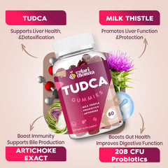 Assorted TUDCA gummies arranged beside a bottle