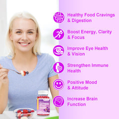Illustration of the 10-in-1 benefits: focus, mood, eye health, memory and metabolism