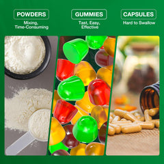 Gummies next to a glass of water on a countertop