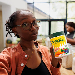 Gluten-free and vegan badges on Wake Greens packaging