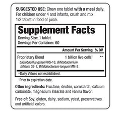 Chewable kid-friendly probiotic with L. gasseri, B. bifidum, B. longum