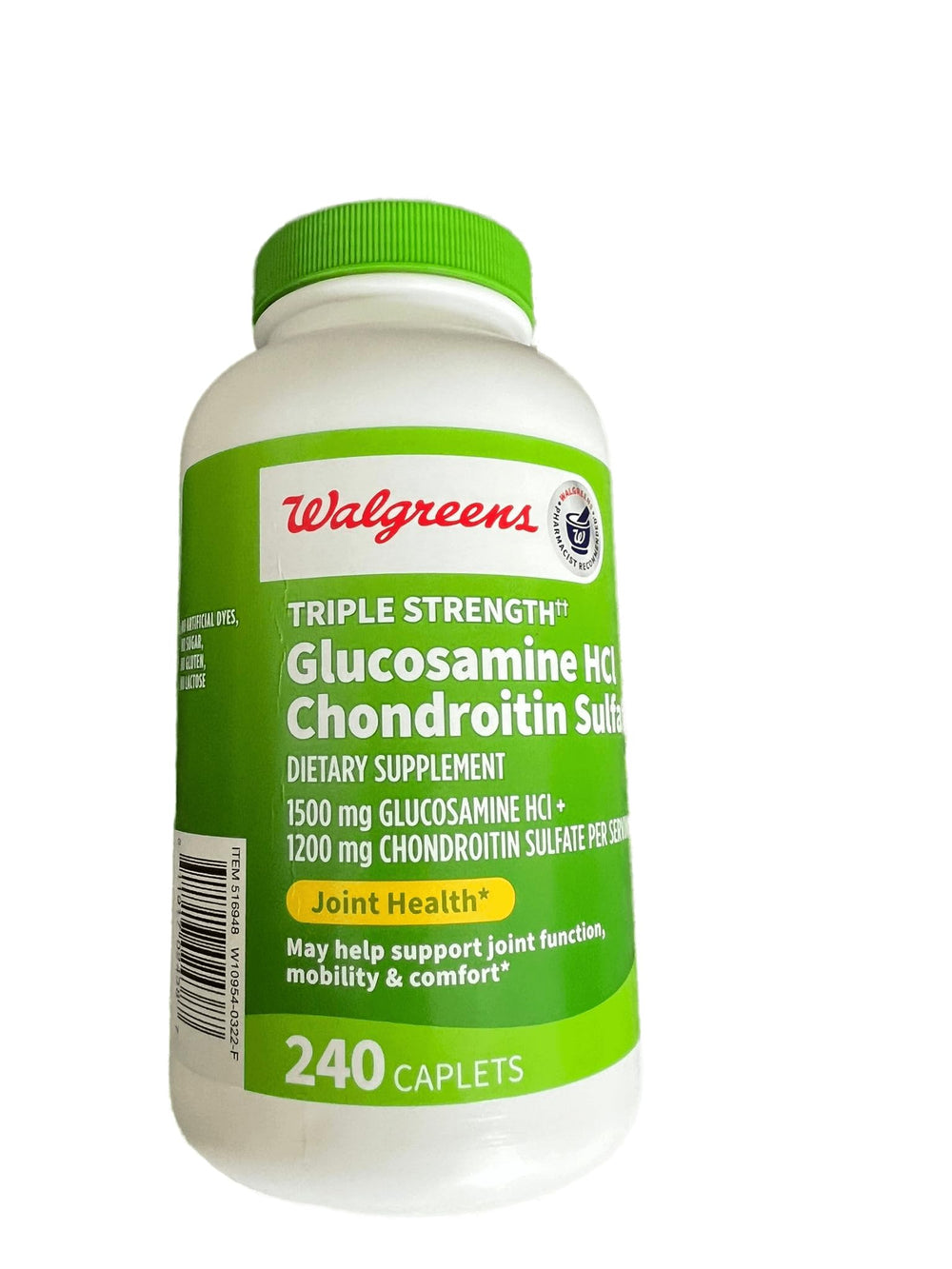Front view of Walgreens Glucosamine Chondroitin Triple Strength bottle and caplets