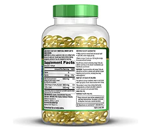 Close-up of Walgreens half-size fish oil softgels sourced from USA wild-caught Alaskan fish