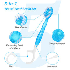 5-in-1 design: toothbrush, floss, toothpick, tongue scraper, and prepasted toothpaste