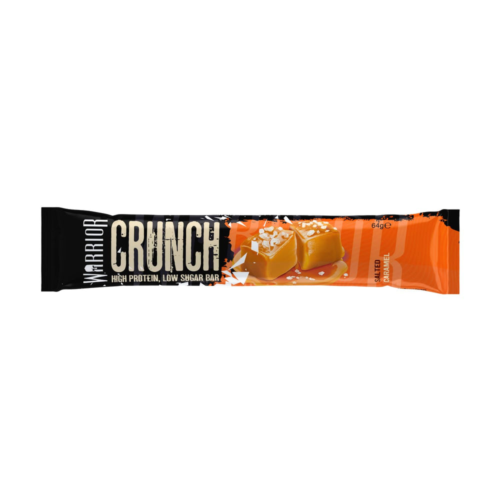 Close-up of Warrior Crunch Salted Caramel bar showing caramel and chocolate layers