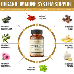 Close-up of Warrior bottle and herbs, organic immunity blend