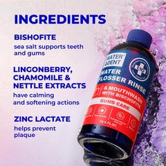 Water DENT rinse ingredients: Bischofite, Zinc Lactate, herbal extracts