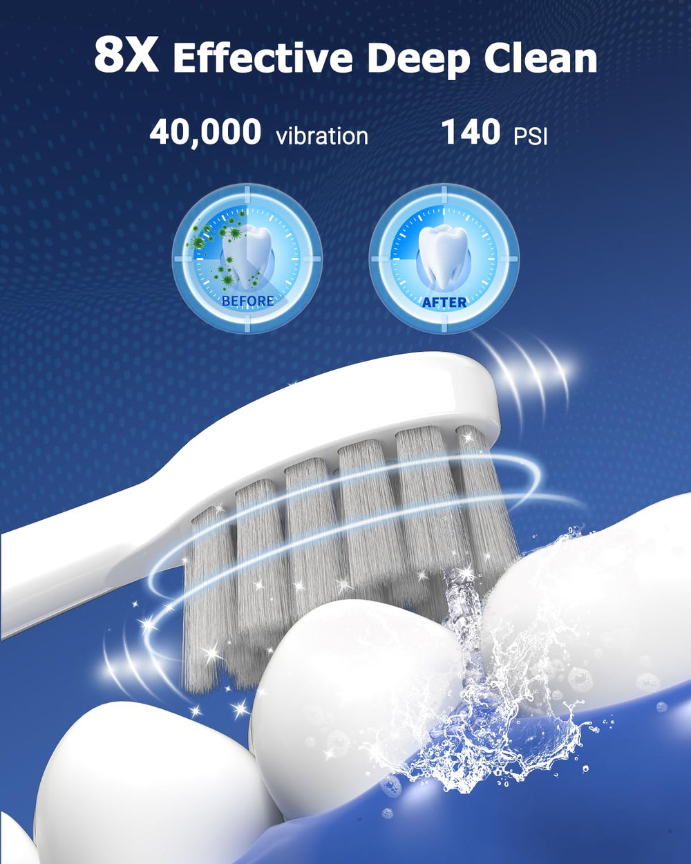 Water flosser pulses at 140 PSI for deep cleaning