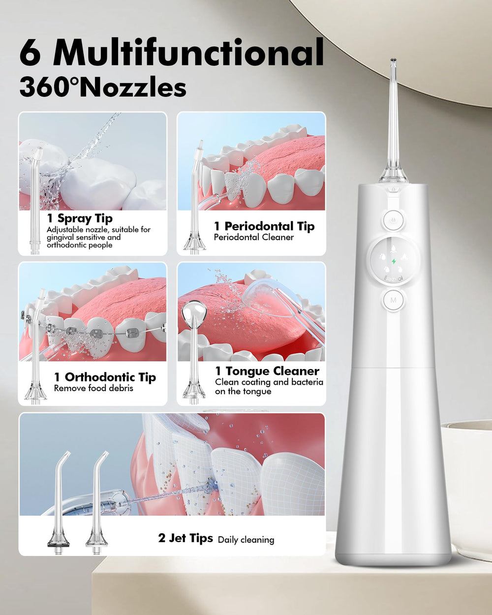 Six replaceable nozzles included with the water flosser