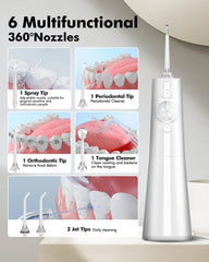 Six replaceable nozzles included with the water flosser